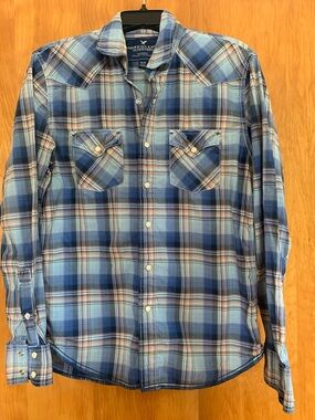 American Eagle Outfitters 100% Cotton Blue Plaid western snap rodeo Shirt Sz M